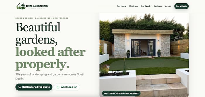 Total Garden Care website concept showing a garden design headline beside a landscaped garden and garden room